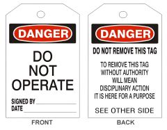 DANGER DO NOT OPERATE TAGS - BACK 2, 6.125X3, Rigid Vinyl, 25/PK