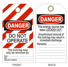 DANGER DO NOT OPERATE THIS ENERGY SOURCE HAS BEEN LOCKED OUT TAGS, 6.125X3, Laminated Tag Board, 10/PK