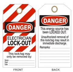 DANGER ELECTRICIAN LOCKOUT TAG, 6.125X3, Rigid Vinyl, 25/PK
