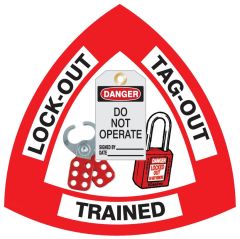 LOCKOUT TAG-OUT TRAINED WITH PICTO OF HASP  TAG & LOCK - HELMET / HARD HAT MARKERS, 2x2, Adhesive Vinyl, 25/PK